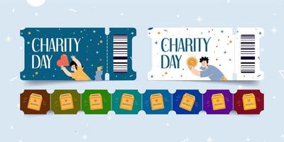 Charity day ticket templates, donation event cards vector