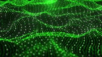 Glowing Green Particle Wave Moving On Black Background, Futuristic Loop Animation Of Green Particle Wave, Digital Particle Big Data Flow Motion Background, Abstract Digital Tech Connection Background
