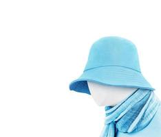 mannequin wearing blue bucket hat isolated on white background photo