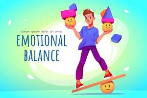 banner de equilibrio emocional, hombre, emoji triste y feliz vector