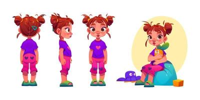 Little girl in front, side and back view vector
