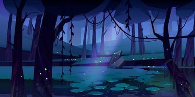 Vector landscape with swamp in night forest