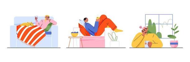 Relaxed people drinking tea and wine, having rest vector