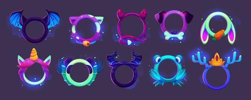 Neon game avatar frames, fantasy characters set vector