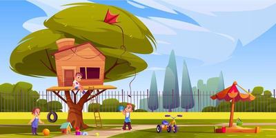 Children play around tree house on street, fun vector