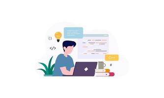 el programador está trabajando en su computadora portátil. codificación y programación. vector