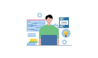 Man programmer is working on his laptop. Coding and programming. vector