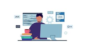 el programador está trabajando en su computadora portátil. codificación y programación. vector