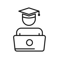 Student icon illustration with computer laptop. suitable for online graduation.  icon related to education. line icon style. Simple vector design editable