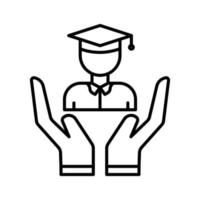 Hand icon illustration with student. Suitable for graduation icon. icon related to education. line icon style. Simple vector design editable