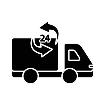 Delivery truck icon illustration with arrow and 24 hour. suitable for fast shipping icon. icon related to logistic, delivery. Glyph icon style. Simple vector design editable