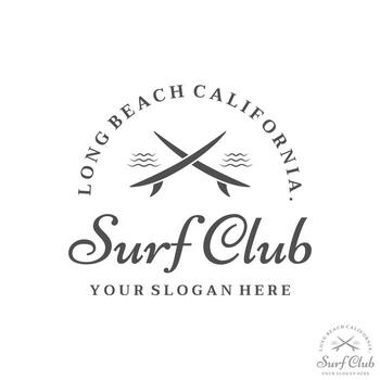 plantilla de logotipo de tabla de surf vintage, surf en una playa de verano. para negocios, insignia, vacaciones, etiqueta, emblema. vector