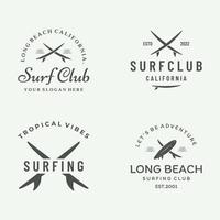 plantilla de logotipo de tabla de surf vintage, surf en una playa de verano. para negocios, insignia, vacaciones, etiqueta, emblema. vector