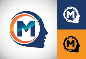 alfabeto inicial m con el cerebro humano, un logotipo para ciencia, investigación médica, tecnología, ai vector