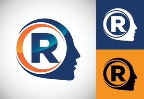 alfabeto inicial r con el cerebro humano, un logotipo para ciencia, investigación médica, tecnología, ai vector