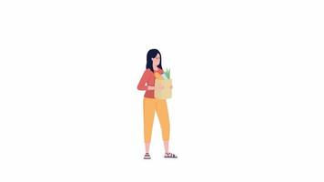 Animated woman waits in store queue. Buying food. Full body flat person on white background with alpha channel transparency. Colorful cartoon style HD video footage of character for animation