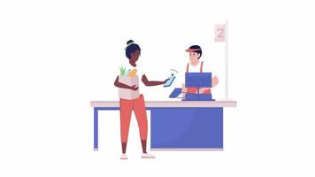 paiement mobile animé. paiement sans contact en magasin. personne plate de tout le corps sur fond blanc avec transparence du canal alpha. séquences vidéo hd de style dessin animé coloré de personnage pour l'animation video