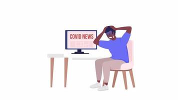 Animated reading news character. Panic anxiety. Covid spread rate. Full body flat person on white background with alpha channel transparency. Colorful cartoon style HD video footage for animation