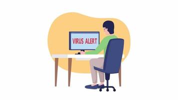 Animated virus alert. Malicious software hazard. Full body flat person on white background with alpha channel transparency. Colorful cartoon style HD video footage of character for animation