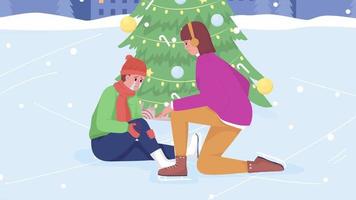 Animated boy slipped on skating rink. Fall on ice near Christmas tree. Hurt knee. Looped flat color 2D cartoon characters animation with city on background. HD video with alpha channel