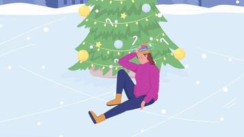 Animated woman slipped on skate rink. Female fall on ice. Accident injury. Looped flat color 2D cartoon character animation with Christmas tree on background. HD video with alpha channel