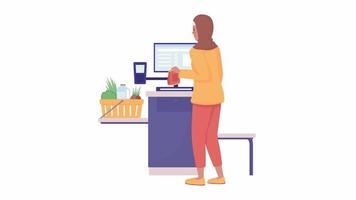Animated grocery store. Self-service checkout machine. Full body flat person on white background with alpha channel transparency. Colorful cartoon style HD video footage of character for animation