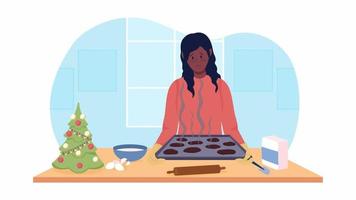 Animated disappointed lady. Looped flat 2D character HD video footage. Burnt Christmas cookies colorful isolated animation on white background with alpha channel transparency for website, social media