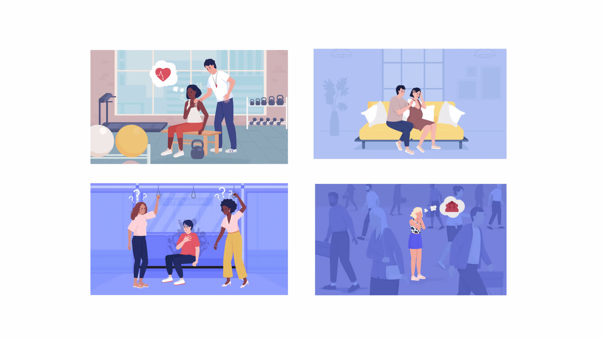 Animated phobias illustration set. Panic attack. Sudden and intense