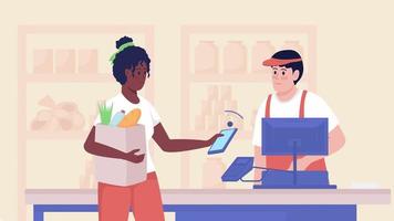 paiement nfc animé en magasin. paiement sans contact. supermarché iot. animation de personnages de dessin animé 2d couleur plate en boucle avec des étagères de magasin d'alimentation sur fond. vidéo hd avec canal alpha video