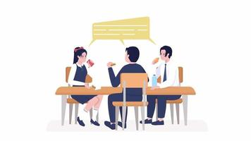 Animated lunchtime conversation. Chatting with friends. Full body flat people on white background with alpha channel transparency. Colorful cartoon style HD video footage of characters for animation