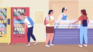 Animated high school cafeteria. Food service. Lunch program. Students. Looped flat color 2D cartoon characters animation with vending machine, counter on background. HD video with alpha channel