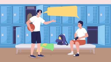 Animated high school locker room. Boy changing outfit for physical education class. Looped flat color 2D cartoon characters animation with cabinets on background. HD video with alpha channel