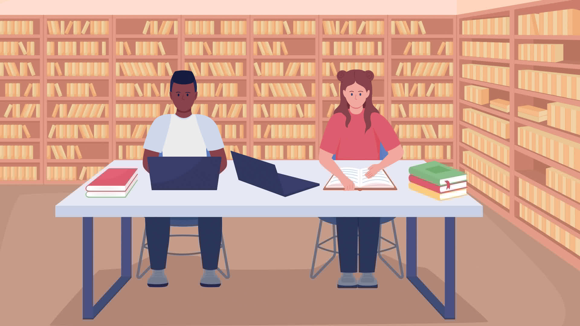 Animated students study in library. Learning on campus. Pupils with