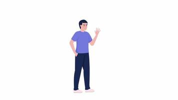 Animated male character waving. Young man greeting. Hello gesture. Full body flat person on white background with alpha channel transparency. Colorful cartoon style HD video footage for animation