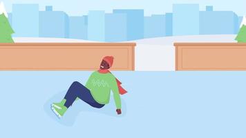 Animated male skater falls. Winter leisure activity. Accident injury. Ice sports. Looped flat color 2D cartoon characters animation with city background. HD video with alpha channel