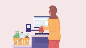 Animated self-service in store. Buying food. Full body flat person on white background with alpha channel transparency. Colorful cartoon style HD video footage of character for animation