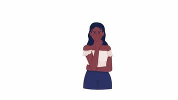 Animated confused lady. Embarrassed woman. Full body flat person on white background with alpha channel transparency. Colorful cartoon style HD video footage of character for animation
