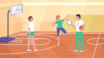 Animated physical education in gym. Workout for teens. Students and teacher. Looped flat color 2D cartoon characters animation with school environment on background. HD video with alpha channel