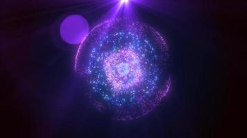 Abstract round purple sphere glowing energy magic molecule with atoms from particles and dots cosmic. Abstract background. Video in high quality 4k, motion design