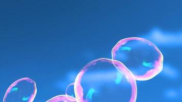 burbujas de jabón transparentes abstractas que vuelan hacia arriba, brillantes, iridiscentes y hermosas festivas contra el cielo azul. fondo abstracto. video en alta calidad 4k, diseño de movimiento