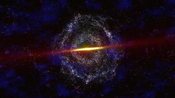 abstrakt Plats galax med stjärnor och planeter spinning från partiklar och prickar lysande ljus trogen på en svart bakgrund. abstrakt bakgrund. video i hög kvalitet 4k, rörelse design