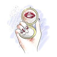 Lips in lipstick, makeup and manicure, accessories, in a hand with a bright manicure a beautiful mirror with reflection vector