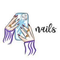 Nails, the inscription is handmade, in hands with a beautiful manicure mobile phone, long nails vector