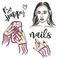 Set with inscriptions, manicure with long nails, concept vector