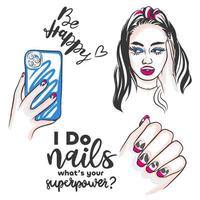 Fashionable girl and long beautiful nails, set with inscriptions and manicure vector