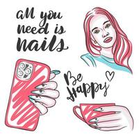 Portrait of a girl and long beautiful nails, a set with inscriptions and manicure vector