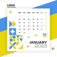 January month, geometric calendar 2023, template for your business, poster in blue and yellow colors vector