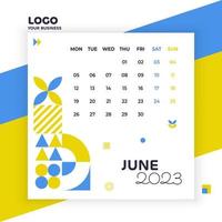 June month, geometric calendar 2023, advertising, print, poster in blue and yellow colors, minimalist vector