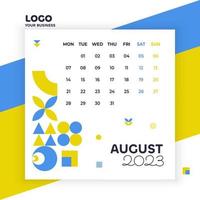 mes de agosto, cartel en colores azul y amarillo, calendario geométrico 2023, publicidad, impresión vector