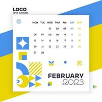 February month, poster in blue and yellow colors, geometric calendar 2023, template for your business, minimalist vector